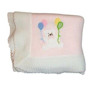 Baby Kisses vintage acrylic blanket bears and balloons  pink white